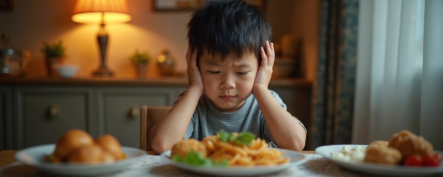 Young Asian boy shows distress with food in cozy home interior. Faces meal with pasta, noodles, salad, experiencing worry, anxiety, appetite disorder. Mental health, youth, pressure, emotional - Powered by Adobe