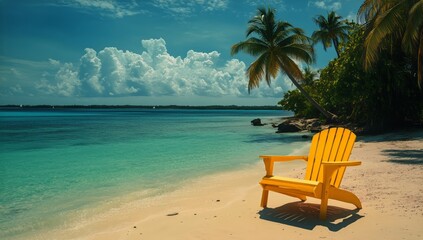 Obraz premium Empty Yellow Chair by the Shore on a Sunny Day With Palm Trees and Blue Ocean View