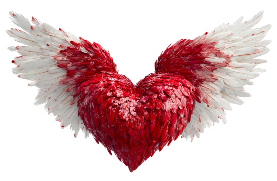 red heart with white angel wings on a transparent background, png file