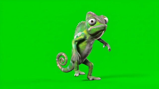 Green Chameleon Dancing On Green Screen Animation, Afternoon Cartoon Dance, Funny Animal 3d Render