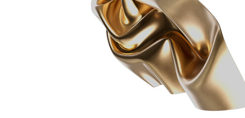 Luxury gold fabric, elegant drape, abstract background, 3D render, shiny, metallic, flowing, texture, design element.
