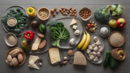 Assorted healthy foods arranged on a grey wooden surface