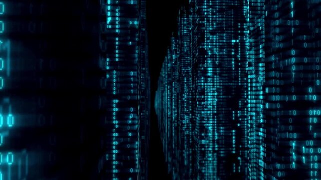 Binary data flow. Screen with blue binary numbers rolling. Abstract green binary code background. Futuristic cyberspace. Concept of mining bitcoin.