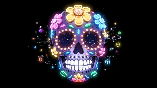 A vibrant and ornate sugar skull glowing with colorful neon lights and floral designs, a modern artistic concept for a festive celebration