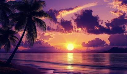 Obraz premium Sunset Over the Calm Ocean With Palm Trees Silhouetted Along the Coastline