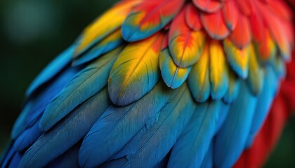 Obraz premium Close-up abstract pattern of colorful bird feathers, featuring vibrant blue, yellow, red hues. Texture of macau plumage forms natural background for web design banners. Seamless, detailed feather