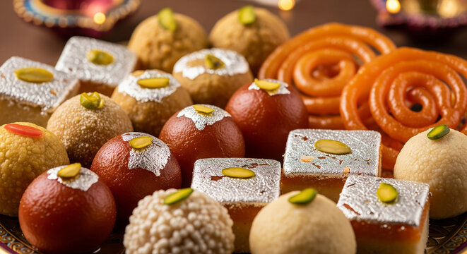 Close-up of traditional Diwali sweets