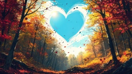 Autumn forest path with a heart-shaped sky