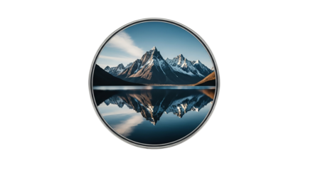 Reflection of snowcapped mountains in a serene lake within a round frame isolated on transparent background