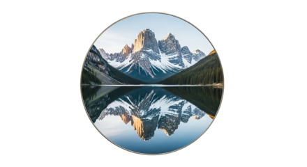 Snowy mountain peak reflecting in a calm lake isolated on transparent background