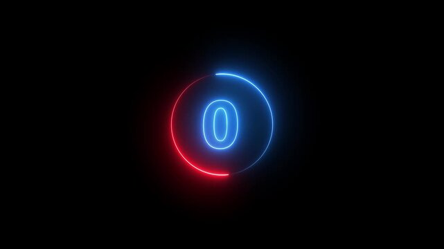 5 seconds countdown timer animation on black background. neon text 5 to 0 with interesting circle animation.