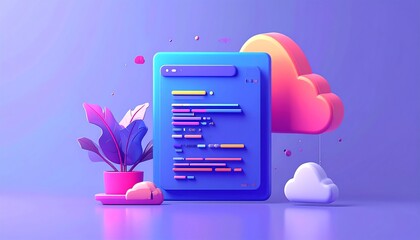 Colorful digital art design with coding, cloud, and plant