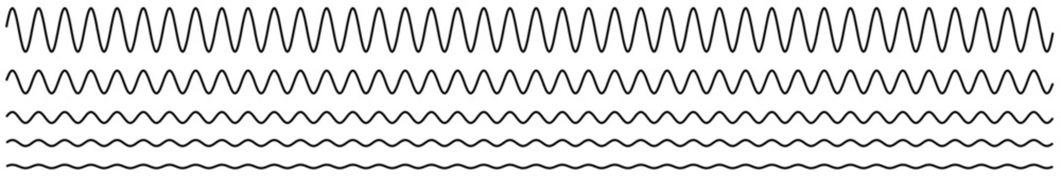 Vector illustration of parallel sine waves. The amplitude of the waves gradually decreases, creating a smooth, stylized fading effect. Suitable for modern technology and science concepts.