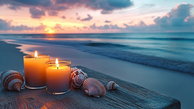 A serene beach scene at sunset with candles and seashells on a wooden surface, creating a relaxing atmosphere.