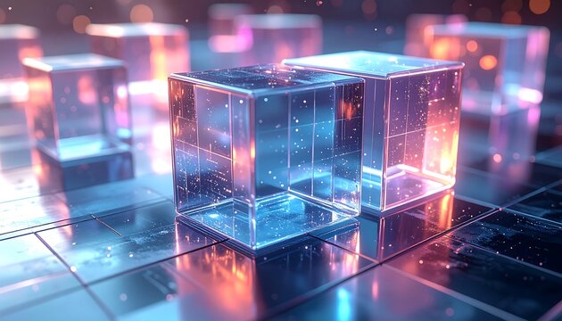 Abstract glowing cubes on a digital surface - Powered by Adobe