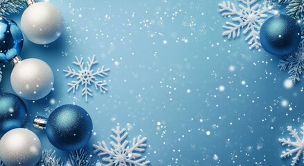 Festive Blue and White Holiday Decorations Create a Joyful Winter Atmosphere With Ornaments and Snowflakes.