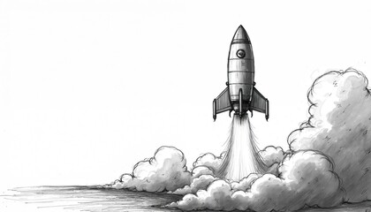 Naklejka premium Hand-drawn illustration of rocket launching into space. Sketch shows innovation, progress. Rocket ascends in clouds, smoke, startup growth, future exploration, technological advancement.