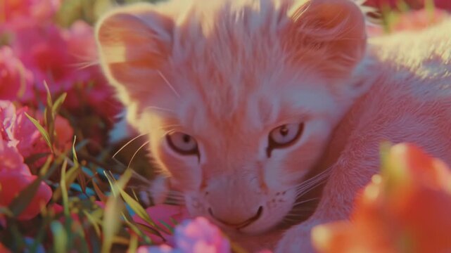 Baby Tiger in Grass with Pink and Gold Tones.