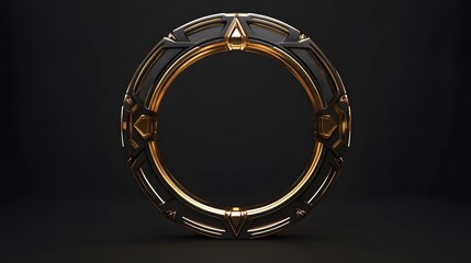 Obraz premium 3D render of a sleek, golden-edged black circular frame with geometric detailing.
