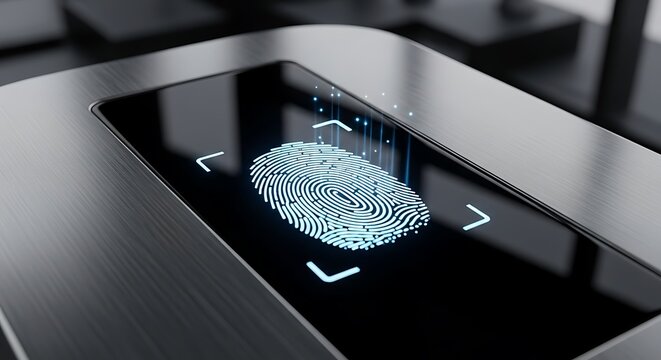 A close-up view of a modern fingerprint scanner, displaying a light-blue fingerprint image on a dark screen, featuring a brushed metal panel.