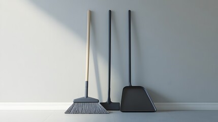 Digital render of black brooms and dustpan arranged against a gray wall.