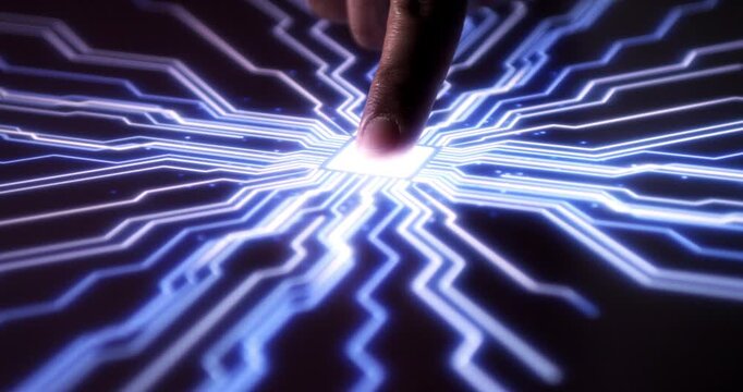 Finger pressing digital illuminated glowing futuristic data interface. Technoloy Related Footage.