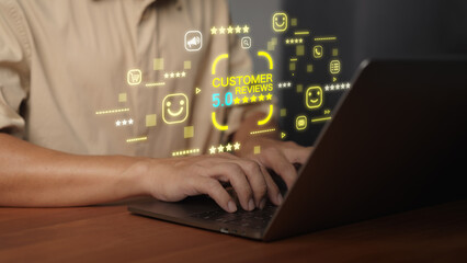 Customer experience and satisfaction concept with man using laptop, digital feedback, online review, star rating, social media engagement, customer service and positive client relationship management.