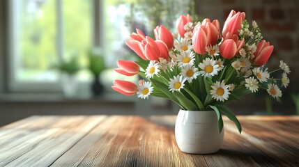 Photograph of a vase filled with red tulips and white daisies on a wooden table with a blurred window background.