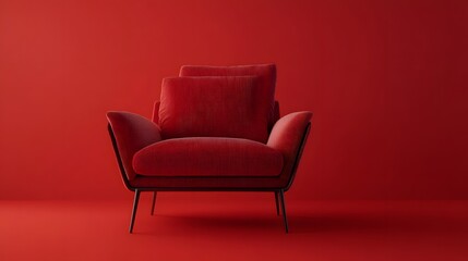 3D render of a red armchair sits against a solid red background.