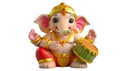 Lord Ganesha PNG with Laddoo and Damru – Cute Ganesha idol holding laddoo and damru on transparent background, perfect for festive designs, Diwali decorations, and digital creative projects.
