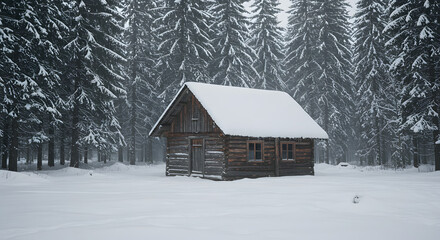 Snow-Covered Wooden Cabin in a Winter Forest