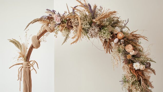 A wreath made of dried flowers and twigs is hanging from a wooden pole
