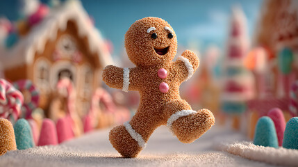 Cute Gingerbread man dancing salsa in a candy village. Seamless funny Christmas animation with gingerbread house and sweets.