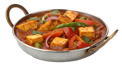 Kadhai Paneer PNG – Spicy Indian Kadhai Paneer curry on transparent background, perfect for food blogs, restaurant menus, and digital culinary projects.