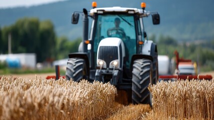 Obraz premium Green harvester processes wheat under sunny skies in a field with clear visibility from the side and rear views of the machine