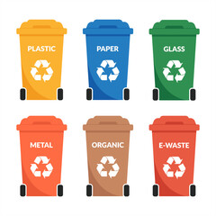 Colorful vector illustration of recycling bins for plastic, paper, glass, metal, organic and e-waste. Waste sorting containers for environmental protection and eco-friendly lifestyle.