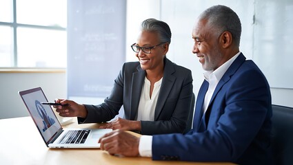 Two smiling diverse business professionals collaborating and reviewing data on a laptop computer in a modern office setting