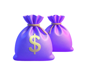 Two vibrant purple money bags with gold dollar signs