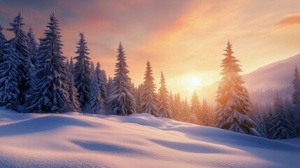 Snowy Pine Forest at Sunrise With Colorful Sky in Winter Landscape