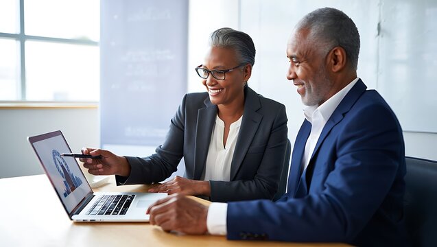 Two smiling diverse business professionals collaborating and reviewing data on a laptop computer in a modern office setting