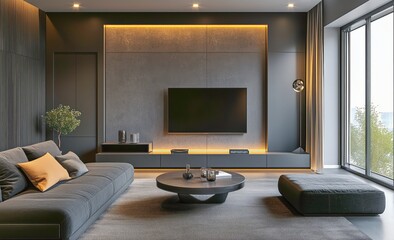Stylish Modern Living Room Featuring Dark Tones and Natural Light