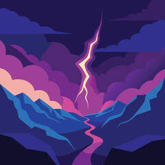 Vibrant abstract mountain valley with lightning landscape