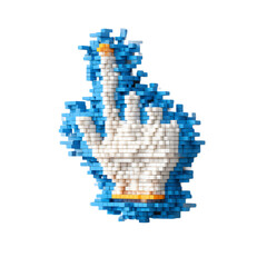 Obraz premium Pixelated hand cursor pointing upwards, composed of blue and white blocks, isolated on transparent background