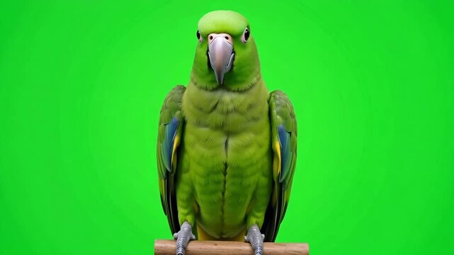 Vibrant green parrot perched and posing against a bright chroma key background, ready for animation or visual effects work in your next project