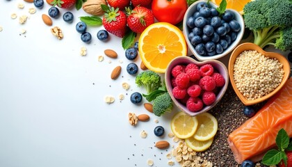 Vibrant rainbow palette of health foods artfully arranged in heart-shaped bowls. Fresh fruits like strawberries, blueberries, raspberries, oranges, lemons, alongside broccoli, grains, nuts, salmon