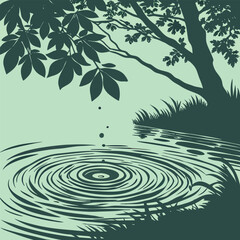 Water Droplets Falling into Rippling Pond Near Tree