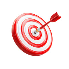A red and white target with an arrow hitting the bullseye, isolated on transparent background