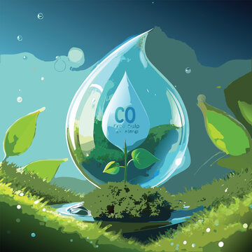 Water Drop with C O2 Symbol and Growing Plant droplet