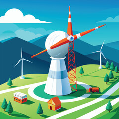Wind turbines and small buildings in a green landscape