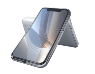 Two light gray smartphones, one partially folded over the other, displaying a curved screen